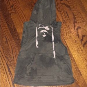 Green Camo Lace Up Tank Top with a Hood and Pocket